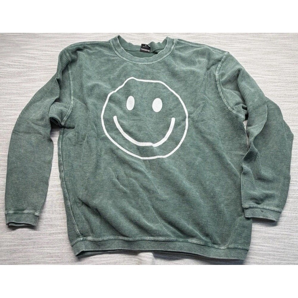 Chicka-d Smiley FaceCorded Crew Pullover Sweatshirt Distressed Dark Green Size M